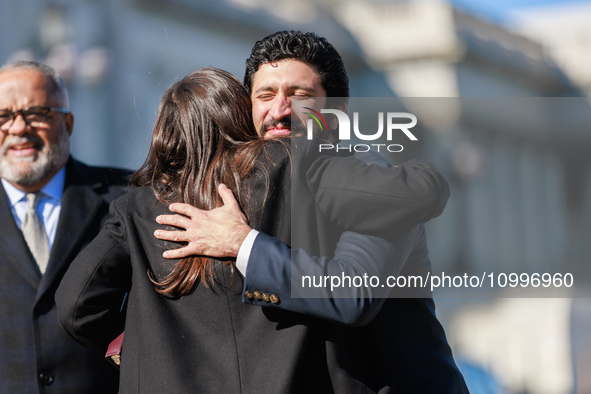 Rep. Alexandria Ocasio-Cortez (D-NY) greets Rep. Greg Casar (D-TX) before a press conference outside of the U.S. Capitol building in Washing...