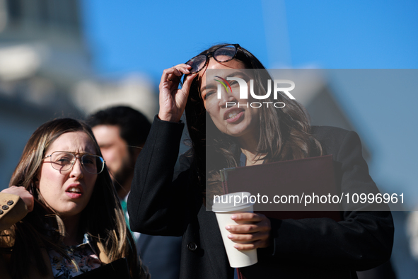 Rep. Alexandria Ocasio-Cortez (D-NY) arrives at a press conference outside of the U.S. Capitol building in Washington, D.C. on February 14,...