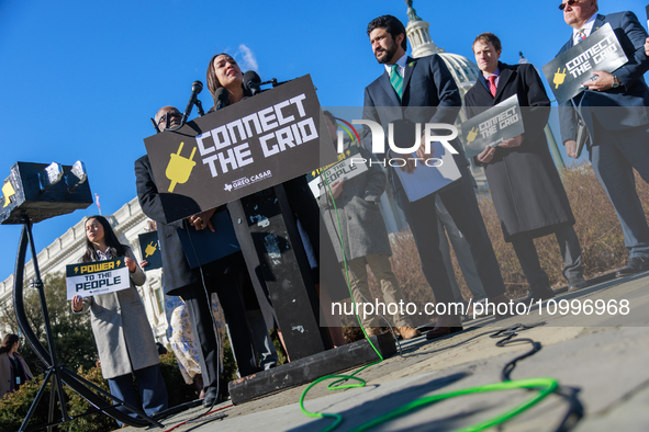 Rep. Alexandria Ocasio-Cortez (D-NY) speaks at a press conference outside of the U.S. Capitol building in Washington, D.C. on February 14, 2...