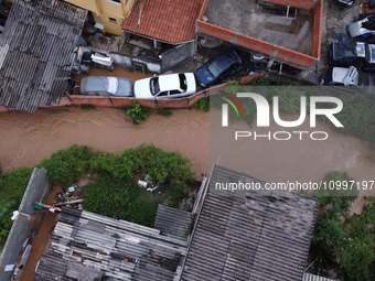 Intense rain is causing disruption in the cities of Carapicuiba and Itapevi, in Sao Paulo, Brazil, on April 13, 2023, leading to several poi...