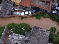 Intense rain is causing disruption in the cities of Carapicuiba and Itapevi, in Sao Paulo, Brazil, on April 13, 2023, leading to several poi...