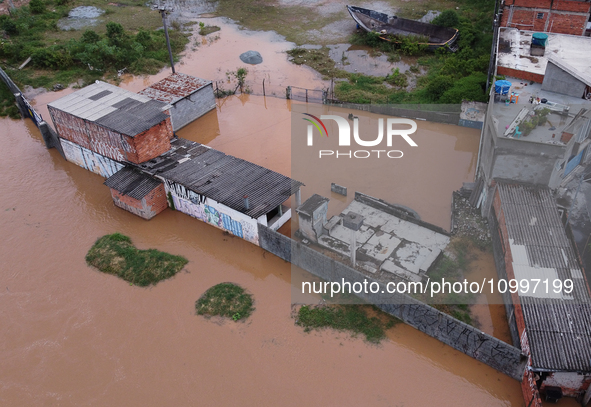 Intense rain is causing disruption in the cities of Carapicuiba and Itapevi, in Sao Paulo, Brazil, on April 13, 2023, leading to several poi...