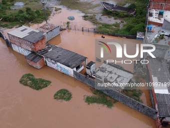 Intense rain is causing disruption in the cities of Carapicuiba and Itapevi, in Sao Paulo, Brazil, on April 13, 2023, leading to several poi...