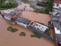 Intense rain is causing disruption in the cities of Carapicuiba and Itapevi, in Sao Paulo, Brazil, on April 13, 2023, leading to several poi...