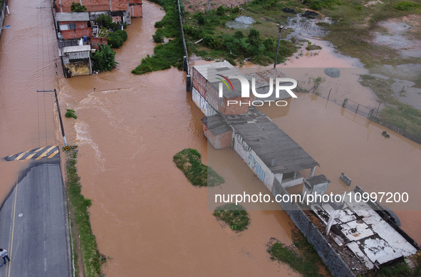 Intense rain is causing disruption in the cities of Carapicuiba and Itapevi, in Sao Paulo, Brazil, on April 13, 2023, leading to several poi...