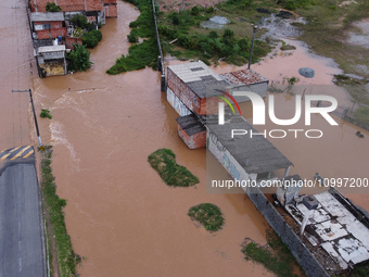 Intense rain is causing disruption in the cities of Carapicuiba and Itapevi, in Sao Paulo, Brazil, on April 13, 2023, leading to several poi...