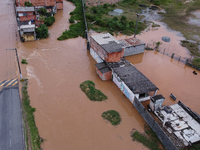 Intense rain is causing disruption in the cities of Carapicuiba and Itapevi, in Sao Paulo, Brazil, on April 13, 2023, leading to several poi...