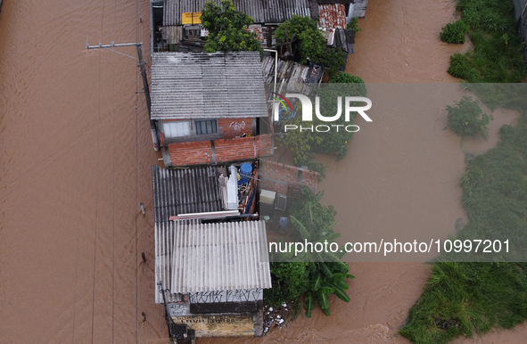 Intense rain is causing disruption in the cities of Carapicuiba and Itapevi, in Sao Paulo, Brazil, on April 13, 2023, leading to several poi...