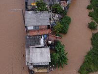 Intense rain is causing disruption in the cities of Carapicuiba and Itapevi, in Sao Paulo, Brazil, on April 13, 2023, leading to several poi...