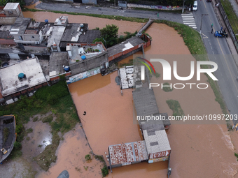 Intense rain is causing disruption in the cities of Carapicuiba and Itapevi, in Sao Paulo, Brazil, on April 13, 2023, leading to several poi...