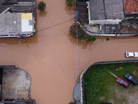 Intense rain is causing disruption in the cities of Carapicuiba and Itapevi, in Sao Paulo, Brazil, on April 13, 2023, leading to several poi...