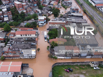 Intense rain is causing disruption in the cities of Carapicuiba and Itapevi, in Sao Paulo, Brazil, on April 13, 2023, leading to several poi...