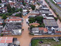 Intense rain is causing disruption in the cities of Carapicuiba and Itapevi, in Sao Paulo, Brazil, on April 13, 2023, leading to several poi...