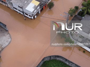 Intense rain is causing disruption in the cities of Carapicuiba and Itapevi, in Sao Paulo, Brazil, on April 13, 2023, leading to several poi...