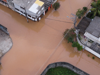 Intense rain is causing disruption in the cities of Carapicuiba and Itapevi, in Sao Paulo, Brazil, on April 13, 2023, leading to several poi...