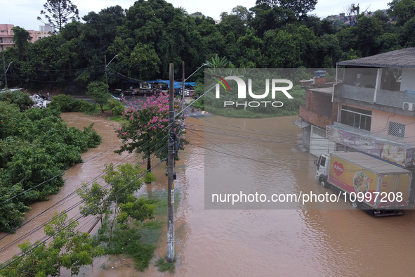 Intense rain is causing disruption in the cities of Carapicuiba and Itapevi, in Sao Paulo, Brazil, on April 13, 2023, leading to several poi...