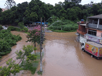 Intense rain is causing disruption in the cities of Carapicuiba and Itapevi, in Sao Paulo, Brazil, on April 13, 2023, leading to several poi...