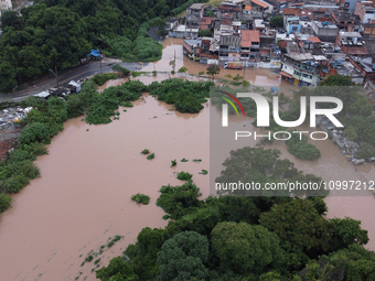 Intense rain is causing disruption in the cities of Carapicuiba and Itapevi, in Sao Paulo, Brazil, on April 13, 2023, leading to several poi...