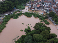 Intense rain is causing disruption in the cities of Carapicuiba and Itapevi, in Sao Paulo, Brazil, on April 13, 2023, leading to several poi...