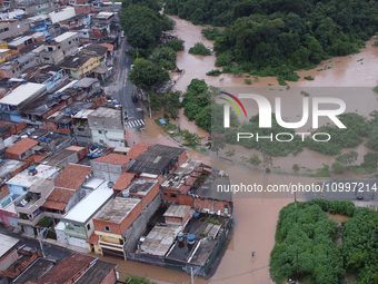 Intense rain is causing disruption in the cities of Carapicuiba and Itapevi, in Sao Paulo, Brazil, on April 13, 2023, leading to several poi...