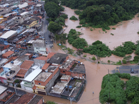 Intense rain is causing disruption in the cities of Carapicuiba and Itapevi, in Sao Paulo, Brazil, on April 13, 2023, leading to several poi...