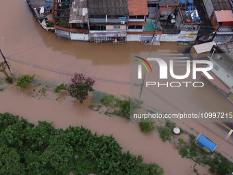 Intense rain is causing disruption in the cities of Carapicuiba and Itapevi, in Sao Paulo, Brazil, on April 13, 2023, leading to several poi...