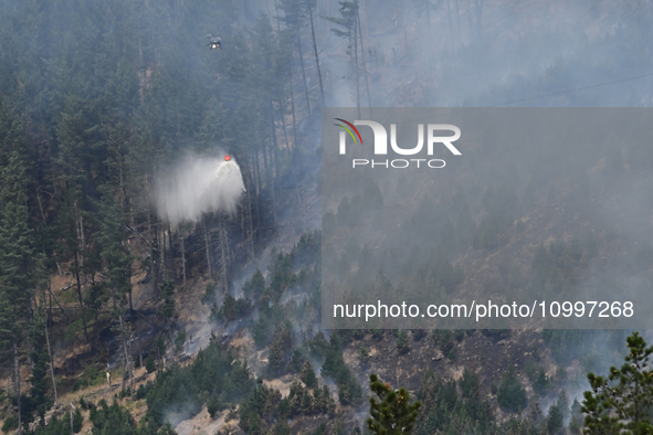 A firefighting helicopter is dropping water to extinguish a wildfire in Port Hills near Christchurch, New Zealand, on February 15, 2024. 