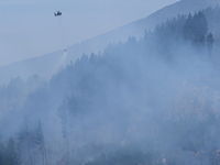 A firefighting helicopter is dropping water to extinguish a wildfire in Port Hills near Christchurch, New Zealand, on February 15, 2024. (