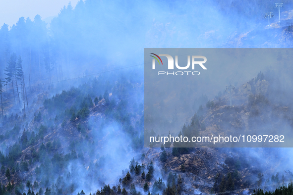 Smoke is rising from a vegetation fire in Port Hills, Canterbury region, New Zealand, on February 15, 2024. 