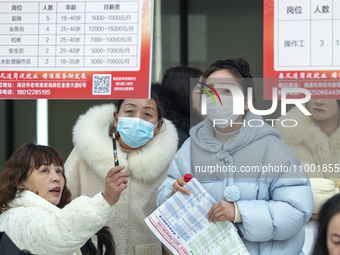 Job seekers are looking at job requirements at the 2024 Spring Festival human resources trade fair in Haian, East China's Jiangsu province,...