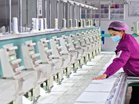 A worker is producing embroidery products at a workshop of a textile and embroidery company in Yantai, China, on February 18, 2024. (