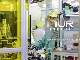 A worker is working in a workshop at an automotive electronics company in Qingdao, Shandong Province, China, on February 18, 2024. (