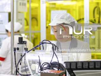 A worker is performing PCB dust removal at a workshop of an automotive electronics company in Qingdao, China, on February 18, 2024. (