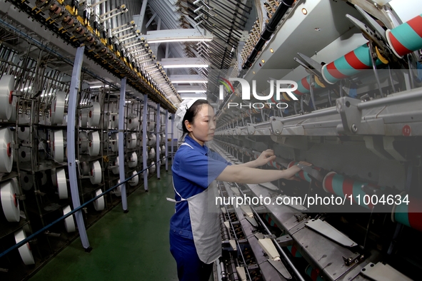 A worker is inspecting production at a workshop of a chemical fiber company in Suqian, East China's Jiangsu province, on February 18, 2024. 