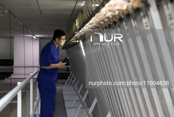 A worker is inspecting production at a workshop of a chemical fiber company in Suqian, East China's Jiangsu province, on February 18, 2024. 