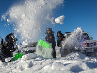 Border police are rescuing a stranded vehicle in Altay, Xinjiang province, China, on February 18, 2024, as the lowest temperature reaches -5...