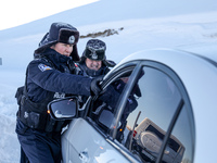 Border police are rescuing a stranded vehicle in Altay, Xinjiang province, China, on February 18, 2024, as the lowest temperature reaches -5...