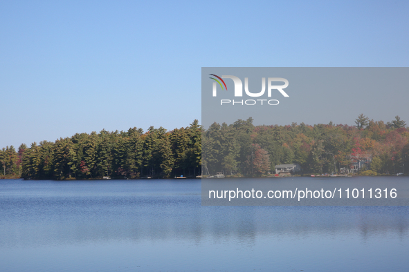 Houses are lining a lake in Muskoka, Ontario, Canada, on September 29, 2023. 