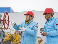 Workers are conducting a safety inspection of gas facilities and equipment at the Gas Gate station in Donghai County, Lianyungang city, East...