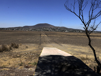 The pier of the island of the Virgin of Guadalupe in the center of the Zumpango Lagoon is being affected by the drought due to the lack of r...