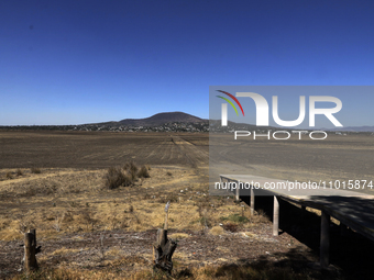 The pier of the island of the Virgin of Guadalupe in the center of the Zumpango Lagoon is being affected by the drought due to the lack of r...