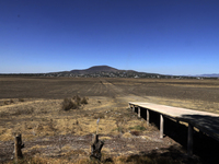 The pier of the island of the Virgin of Guadalupe in the center of the Zumpango Lagoon is being affected by the drought due to the lack of r...