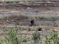 A person is riding a bicycle next to Zumpango Lagoon, which is affected by drought due to the lack of rain, in Zumpango de Ocampo, Mexico, o...