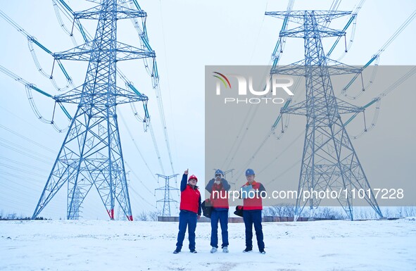 Electric workers are braving cold temperatures in the snow to inspect the 500-kilovolt cross-city transmission line and the Beijing-Shanghai...