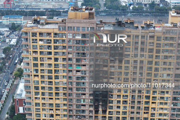 An aerial photo is showing the scene after a fire was extinguished in a residential area in Nanjing, Jiangsu Province, China, on February 23...