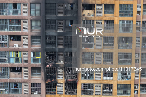 An aerial photo is showing the scene after a fire was extinguished in a residential area in Nanjing, Jiangsu Province, China, on February 23...