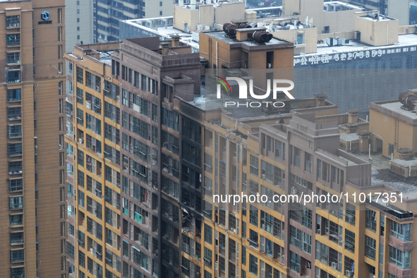 An aerial photo is showing the scene after a fire was extinguished in a residential area in Nanjing, Jiangsu Province, China, on February 23...