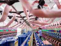 A female worker is merging silk at a production workshop of a silk company in Chongqing, China, on February 23, 2024. (