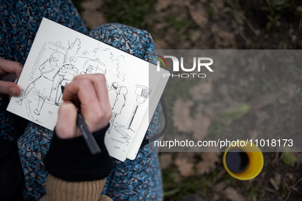 A young woman is drawing a scene near the 'Crem'Arbre' ZAD, where people are being blocked by the Gendarmerie Mobile. Michel Forst, the Unit...