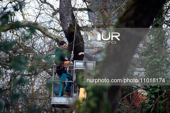 An 'Ecureuil' is discussing with Michel Forst in the 'Crem'Arbre' ZAD in Saix, Tarn, France, on February 22, 2024. Michel Forst, the United...